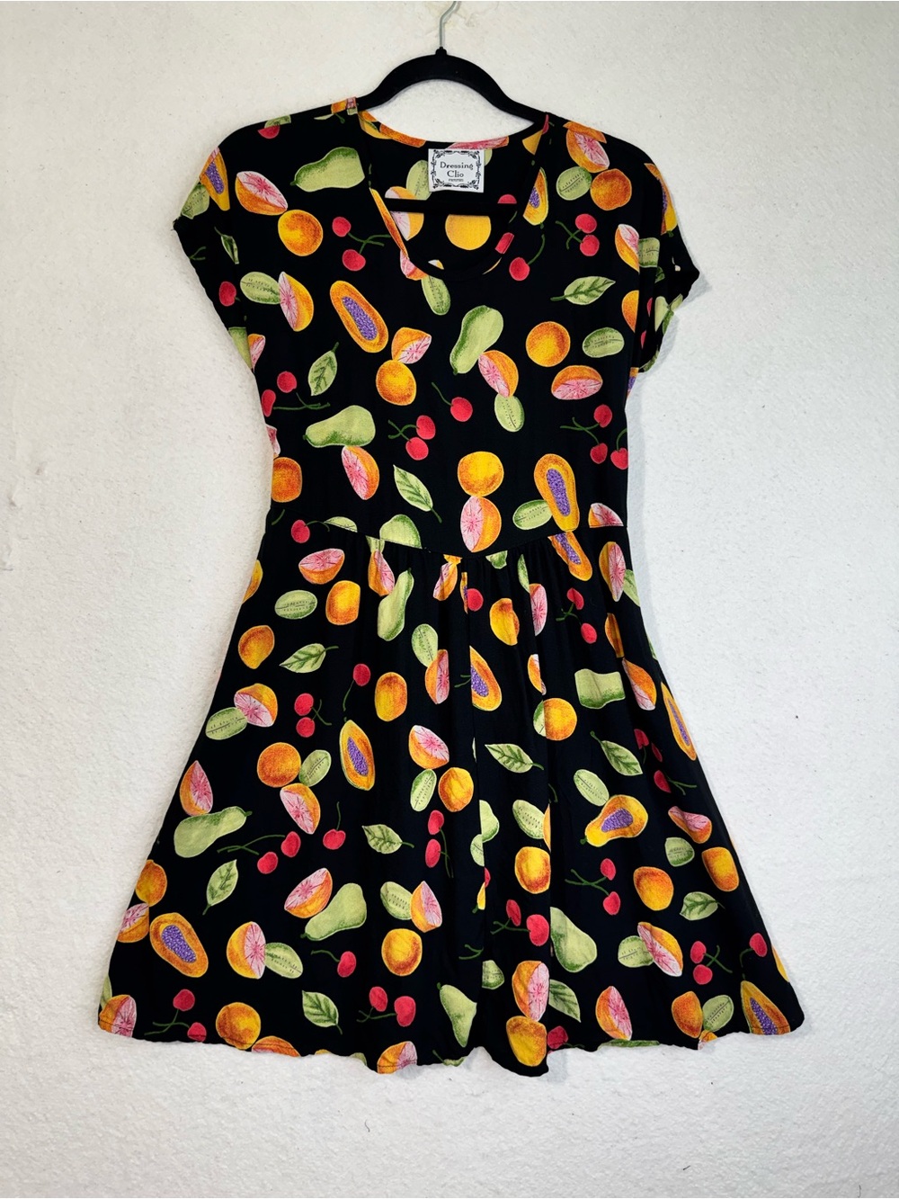 Clio Short-Sleeve Black Mini Dress Colorful Tropical Fruit Print Petite Medium